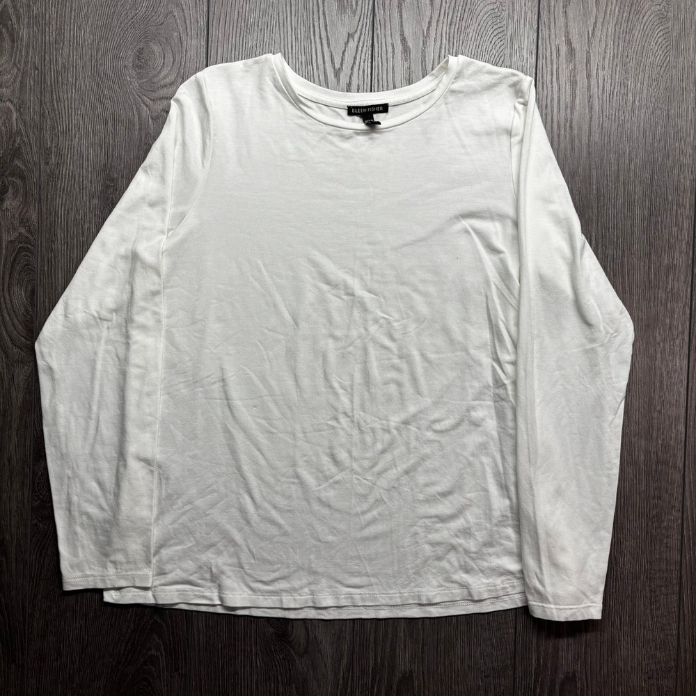 Eileen Fisher White Tencel Lyocell Stretch Long Sleeve Crew Neck Top Medium